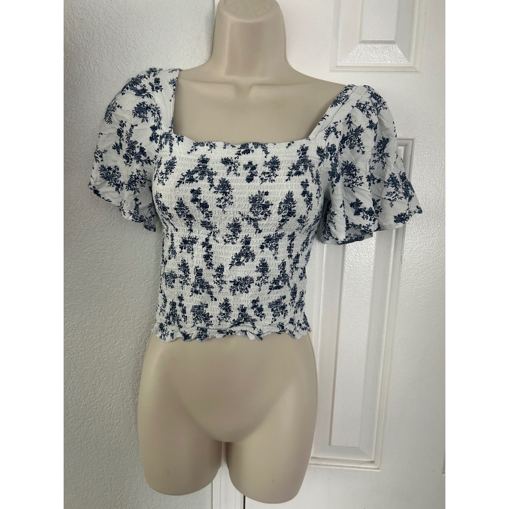 Japna Women Blue White Floral Smocked Crop Top Square Neck Flutter Sleeve Small